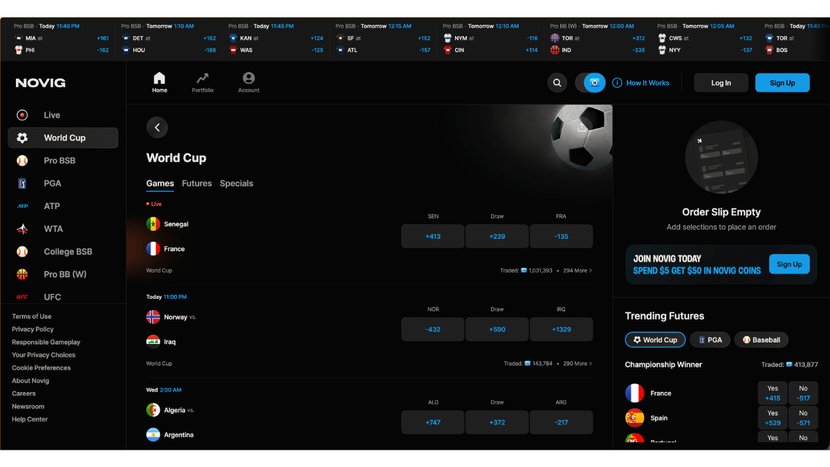 Novig prediction markets world cup platform